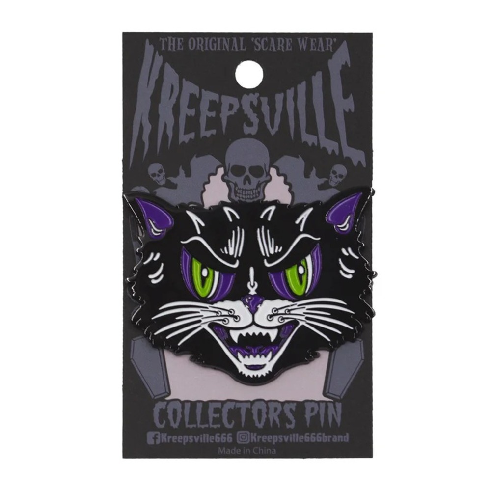 Kreepsville Kattitude Retro Halloween Cat Enamel Pin Vintage Style Goth Brooch